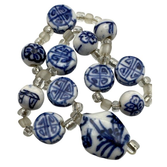 Vintage Blue White Porcelain Bead Bracelet Hand Painted Asian Symbols - Picture 2 of 5